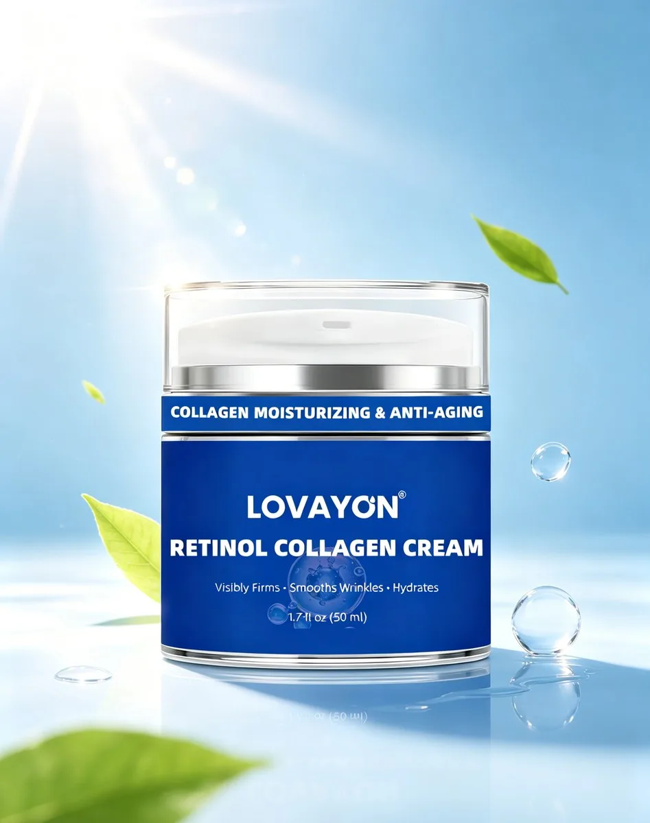LOVAYON Collagen & Retinol Cream — anti-aging skincare collection with a firming collagen and retinol moisturizer formulated with peptides and bakuchiol to target fine lines wrinkles and loss of elasticity for visibly smoother firmer skin
